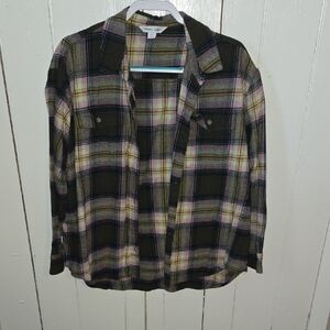 Old Navy Olive Green Plaid Button-Up Shirt with Pink and Cream Accents